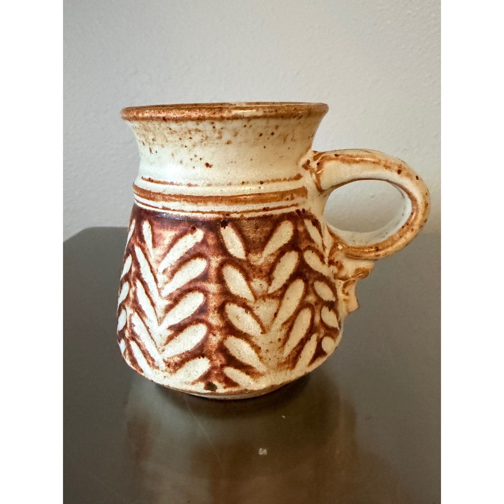 Vintage Studio Pottery Stoneware Mug Hand Thrown Earthy Wheat Pattern Brown
